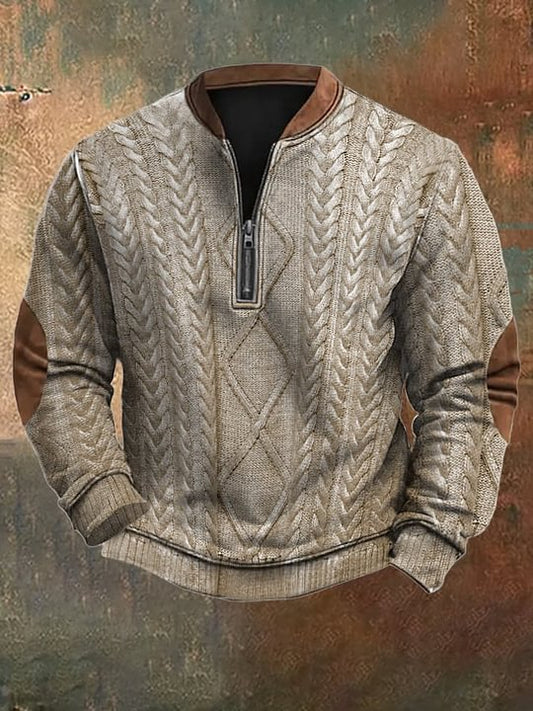 Men's Retro Colorblock Pattern Zip Neck Casual Pullover