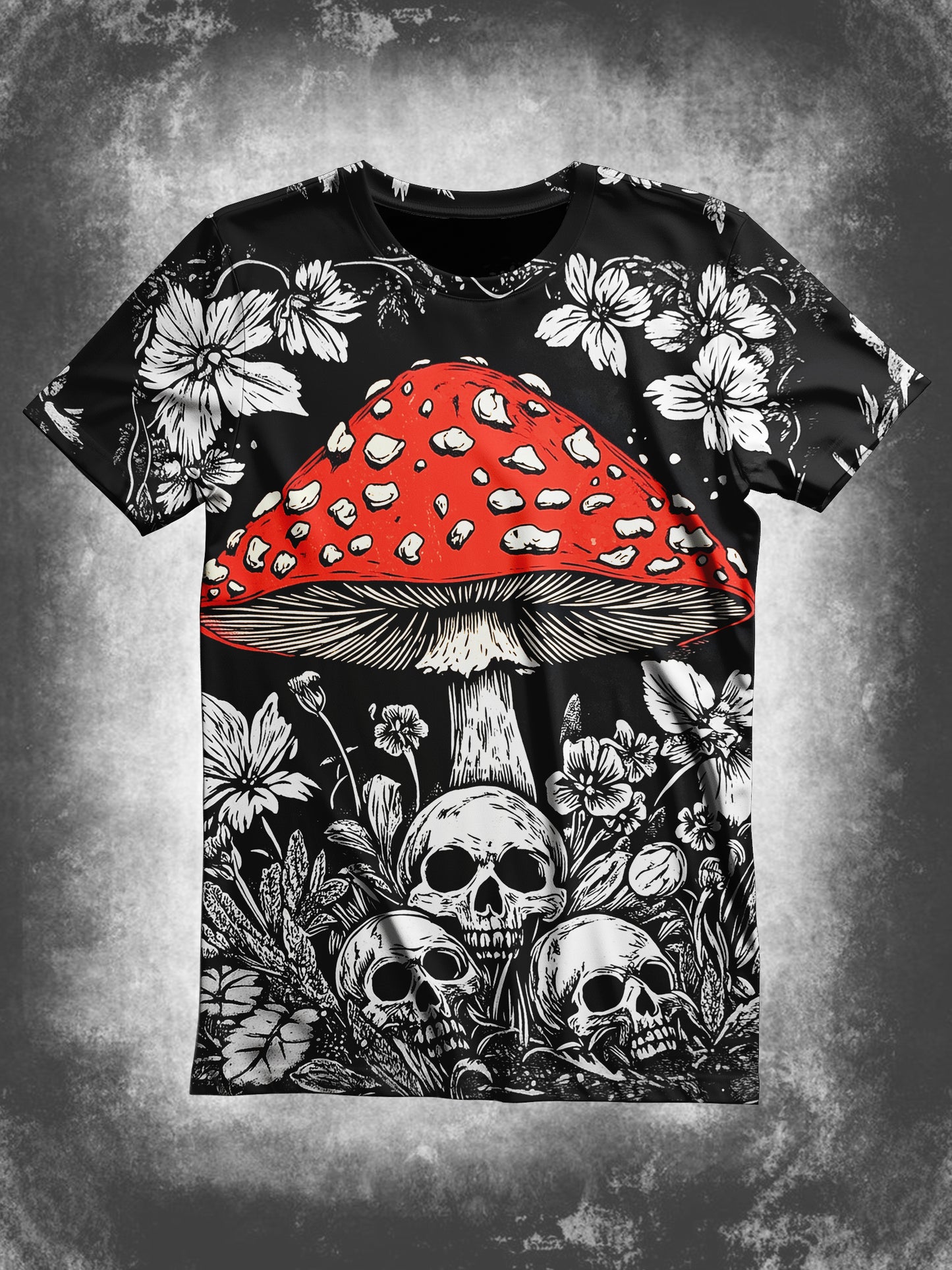 Skull Floral Mushroom Art Print Unisex Casual T-Shirt