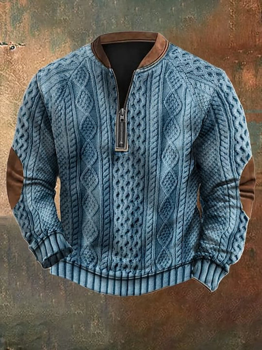 Men's Retro Colorblock Pattern Zip Neck Casual Pullover