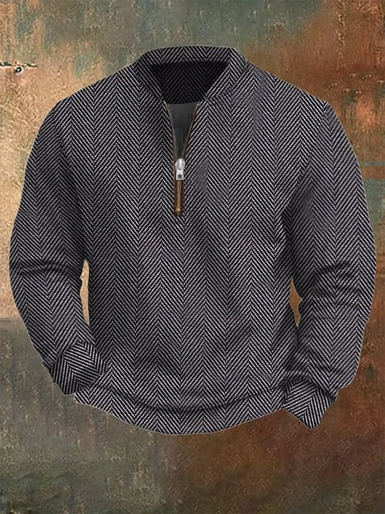 Men's Retro Colorblock Pattern Zip Neck Casual Pullover