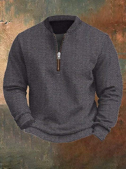 Men's Retro Colorblock Pattern Zip Neck Casual Pullover