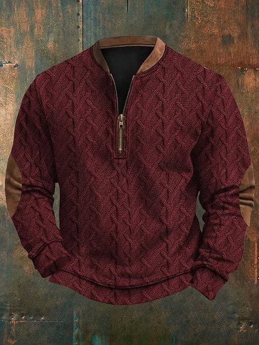 Men's Retro Colorblock Pattern Zip Neck Casual Pullover