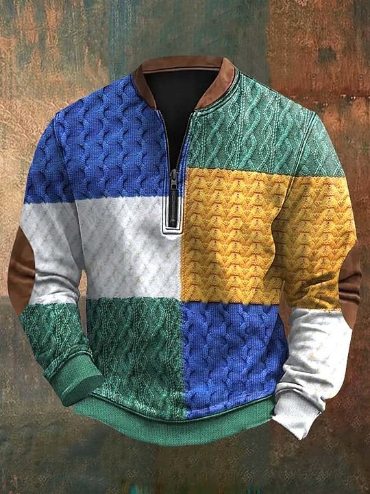 Men's Retro Colorblock Pattern Zip Neck Casual Pullover