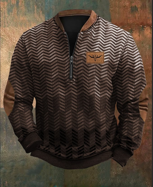 Men's Retro Colorblock Pattern Zip Neck Casual Pullover