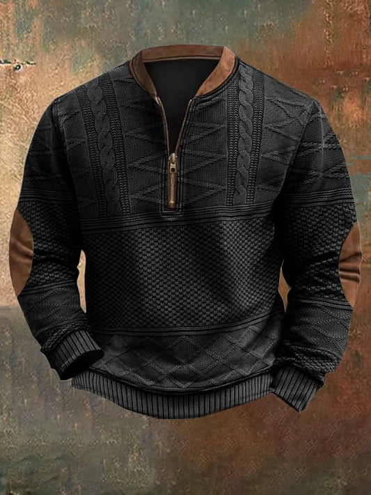 Men's Retro Colorblock Pattern Zip Neck Casual Pullover