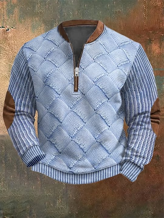 Men's Retro Colorblock Pattern Zip Neck Casual Pullover