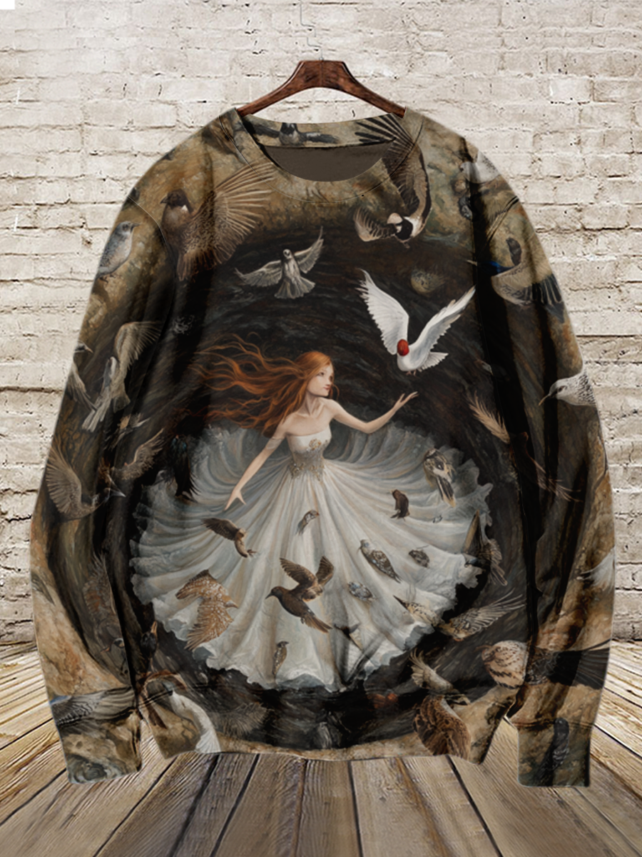 Forest Magic Elf Art Shirt Printed Round Neck Long Sleeve Casual Sweatshirt