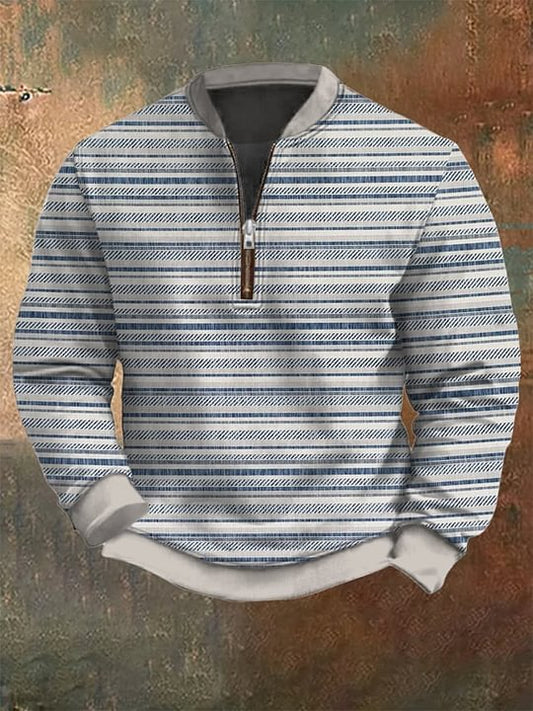 Men's Retro Striped Art Print Zip Collar Long Sleeve Pullover