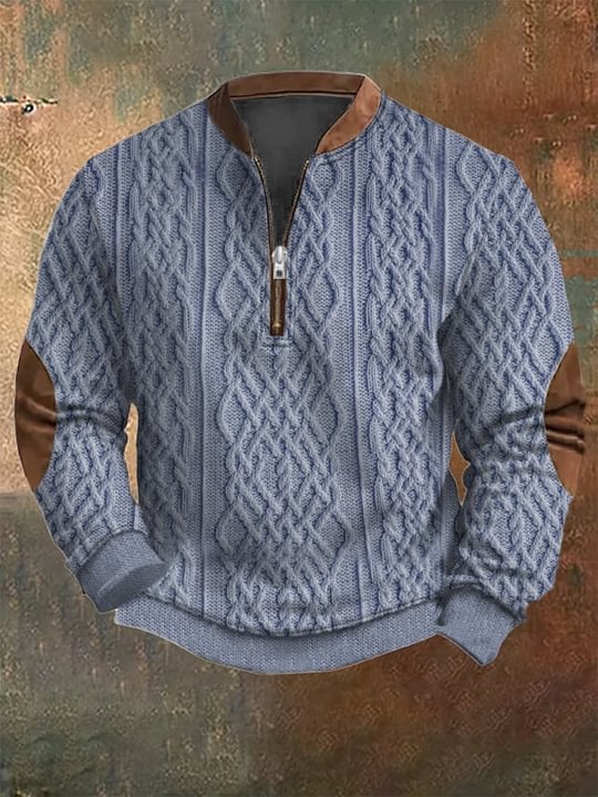 Men's Vintage Faux Knit Art Print Zip Collar Long Sleeve Pullover