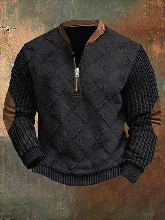 Men's Vintage Faux Knit Art Print Zip Collar Long Sleeve Pullover