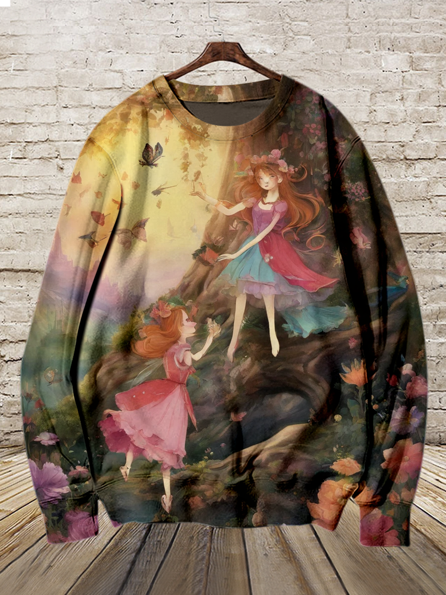 Forest Magic Elf Art Shirt Printed Round Neck Long Sleeve Casual Sweatshirt