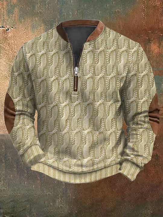 Men's Vintage Faux Knit Art Print Zip Collar Long Sleeve Pullover