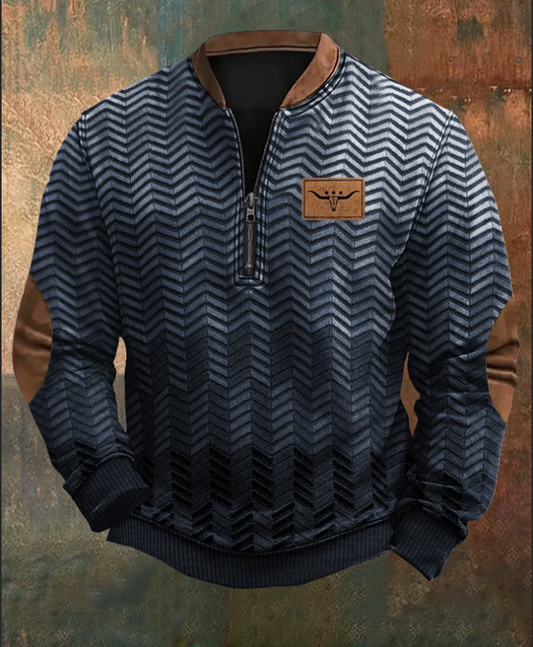 Men's Retro Herringbone Color Block Art Print Zip Collar Long Sleeve Pullover