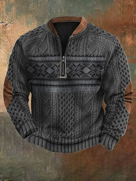 Men's Vintage Faux Knit Art Print Zip Collar Long Sleeve Pullover