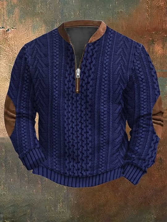 Men's Vintage Faux Knit Art Print Zip Collar Long Sleeve Pullover