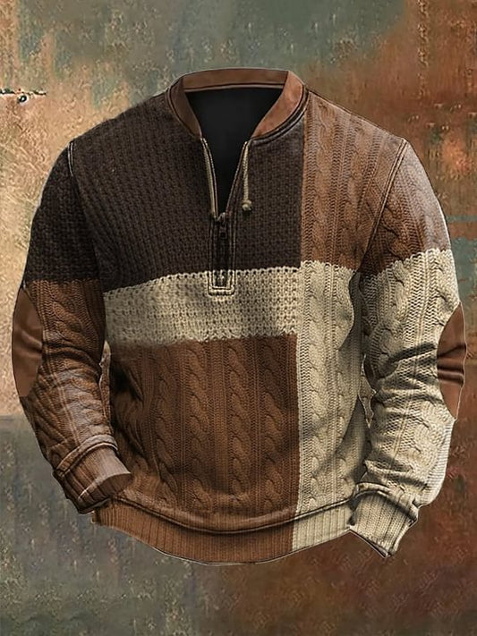 Men's Retro Faux Knit Color Block Art Print Zip Collar Long Sleeve Pullover