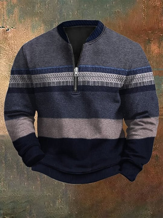 Men's Retro Striped Color Block Art Print Zip Collar Long Sleeve Pullover