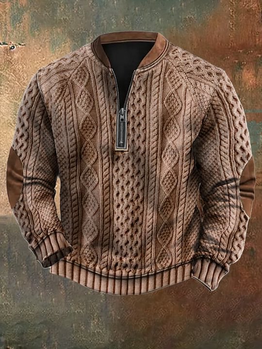 Men's Vintage Faux Knit Art Print Zip Collar Long Sleeve Pullover