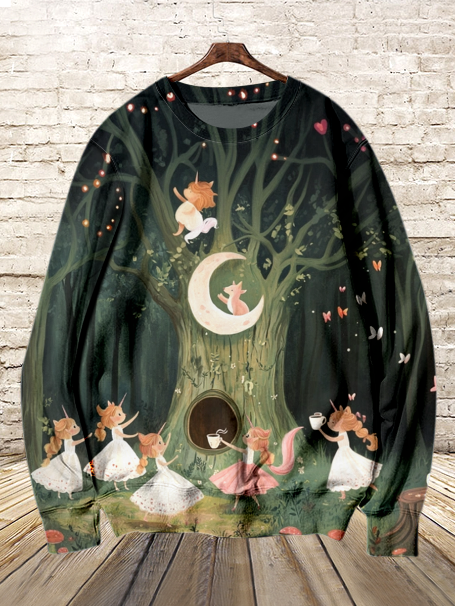 Forest Magic Elf Art Shirt Printed Round Neck Long Sleeve Casual Sweatshirt