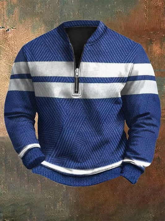 Men's Retro Striped Color Block Art Print Zip Collar Long Sleeve Pullover