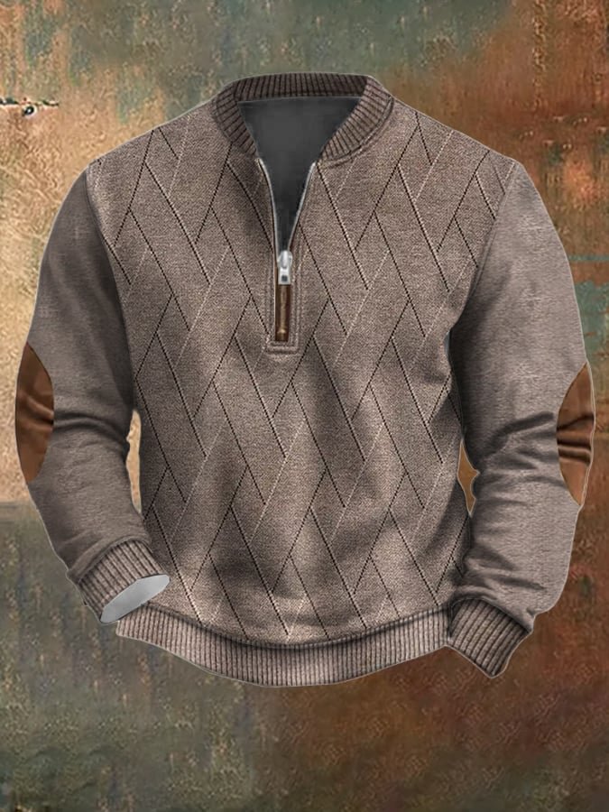 Men's Vintage Faux Knit Art Print Zip Collar Long Sleeve Pullover