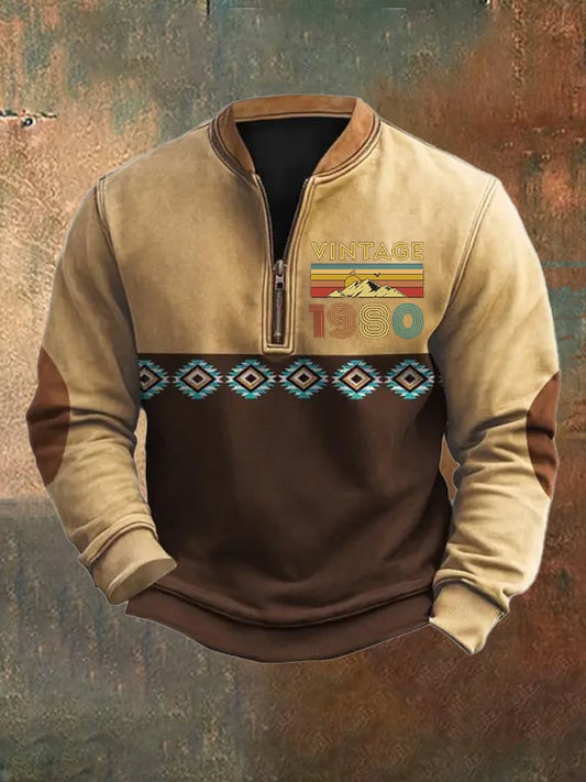 Men's Vintage Khaki Art Print Zip Collar Long Sleeve Pullover