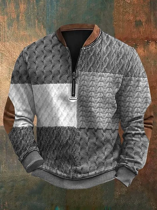 Men's Retro Faux Knit Color Block Art Print Zip Collar Long Sleeve Pullover