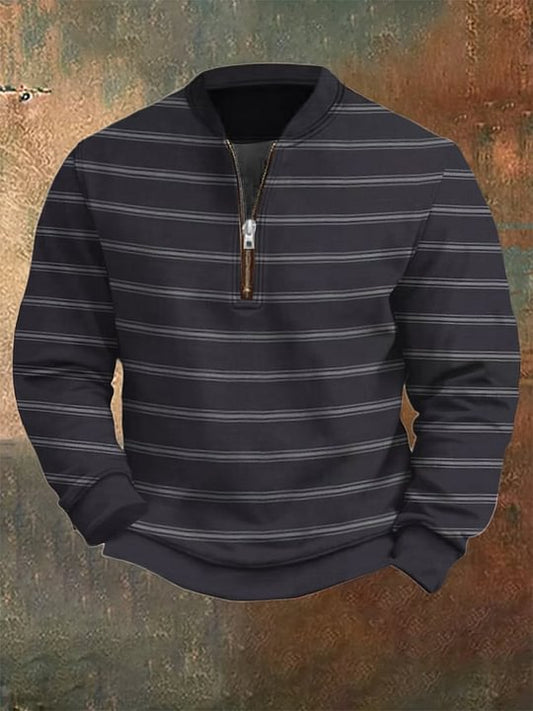 Men's Retro Striped Art Print Zip Collar Long Sleeve Pullover