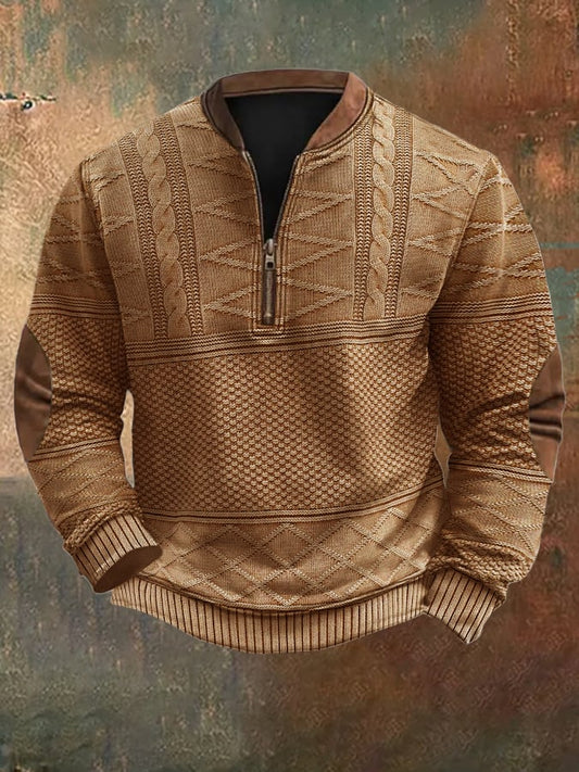 Men's Vintage Faux Knit Art Print Zip Collar Long Sleeve Pullover