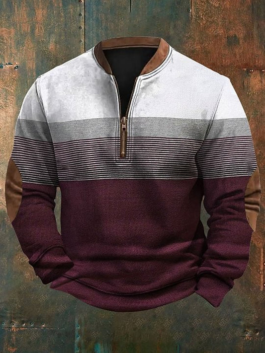 Men's Retro Striped Color Block Art Print Zip Collar Long Sleeve Pullover