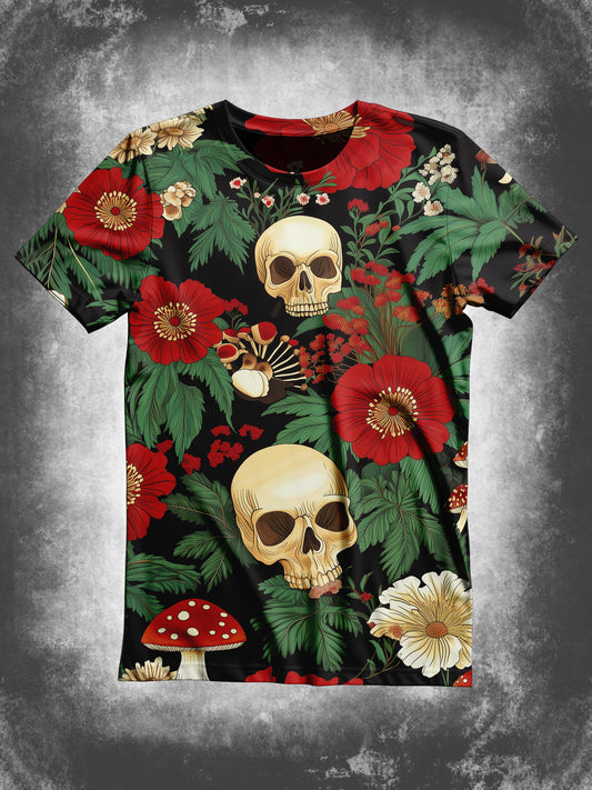 Skull Floral Art Print Unisex Round Neck Short Sleeve Casual T-Shirt