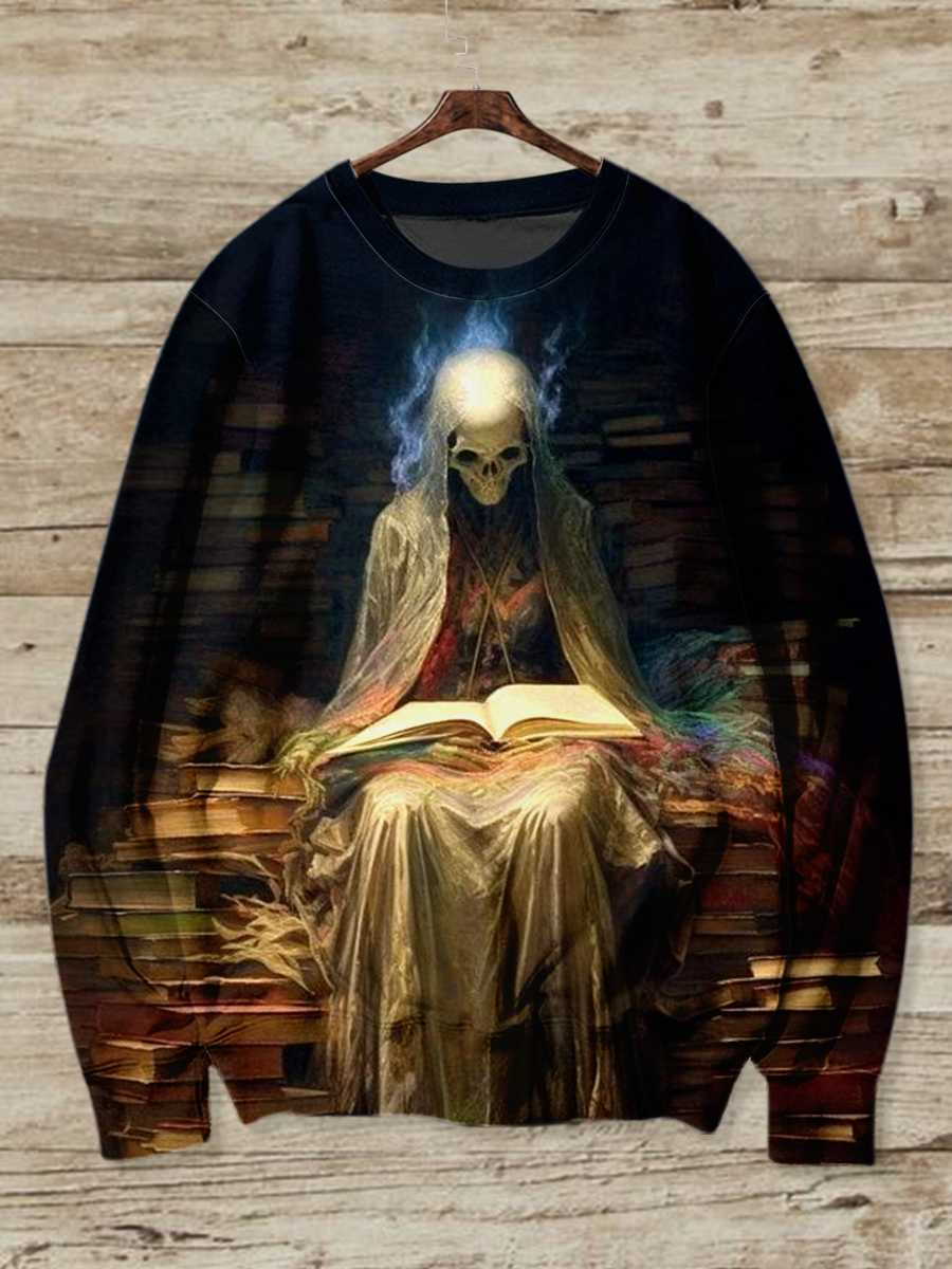 Scythe Death Skull Art Shirt Printed Round Neck Long Sleeve Casual Sweatshirt