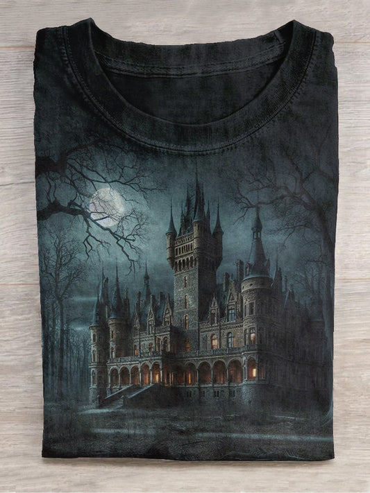 Horror Forest Magic Castle Art Print Unisex Round Neck Short Sleeve Casual T-shirt