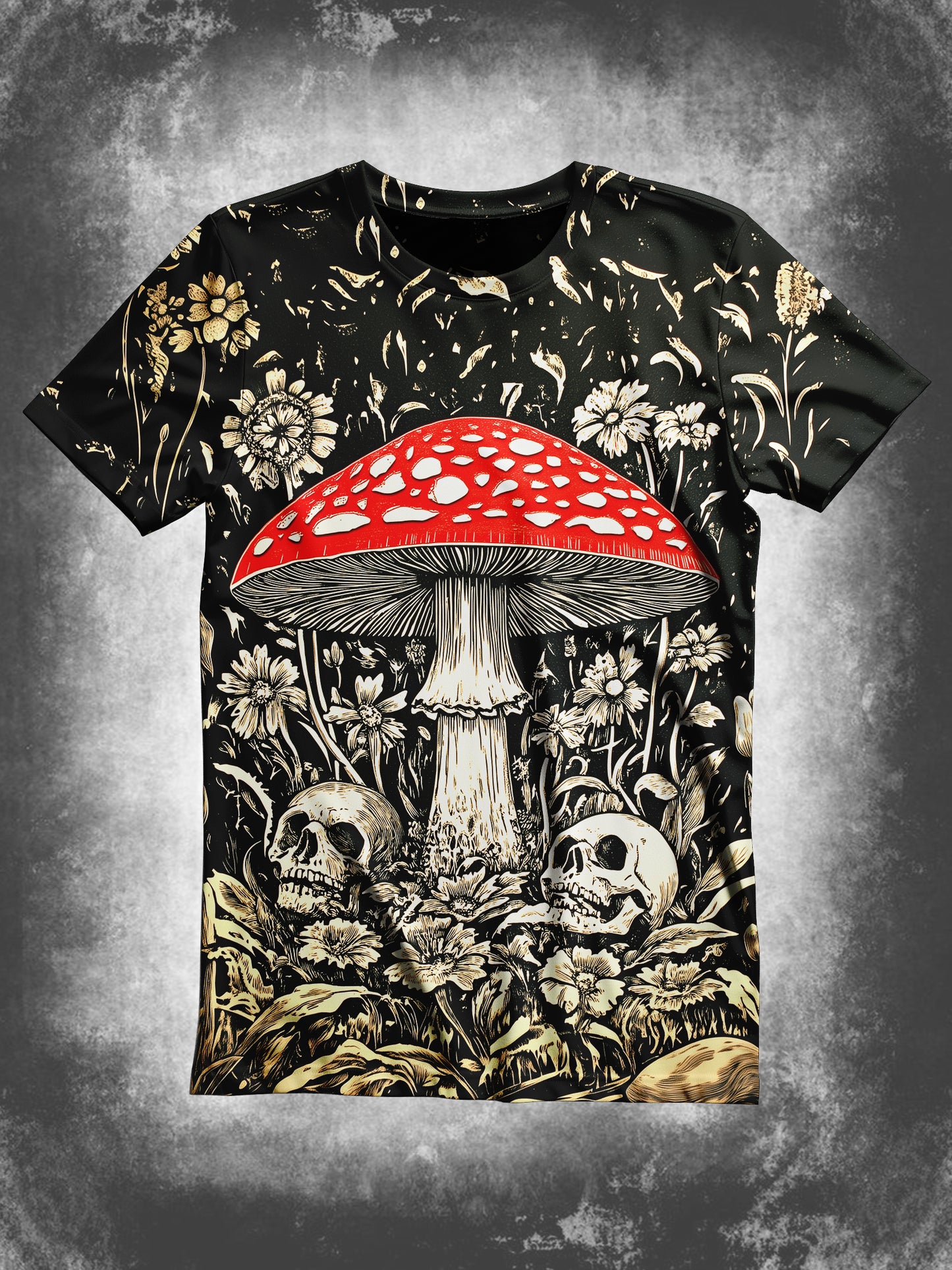 Skull Flower Poisonous Mushroom Art Print Unisex Round Neck Short Sleeve Casual T-Shirt