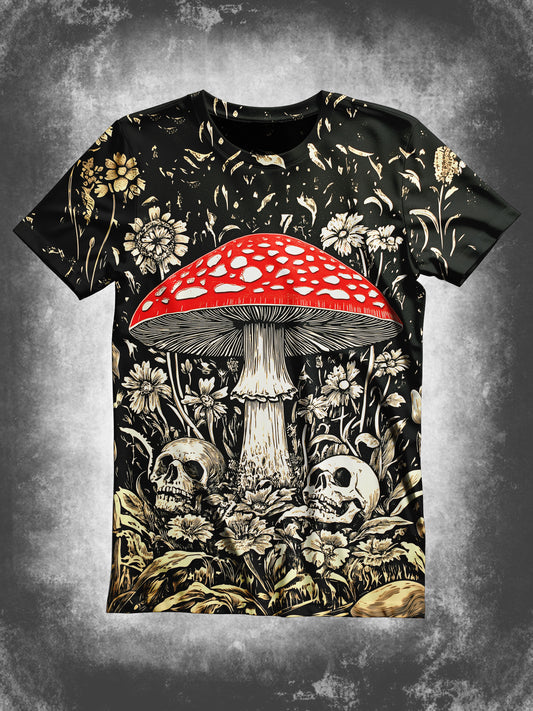 Skull Flower Poisonous Mushroom Art Print Unisex Round Neck Short Sleeve Casual T-Shirt