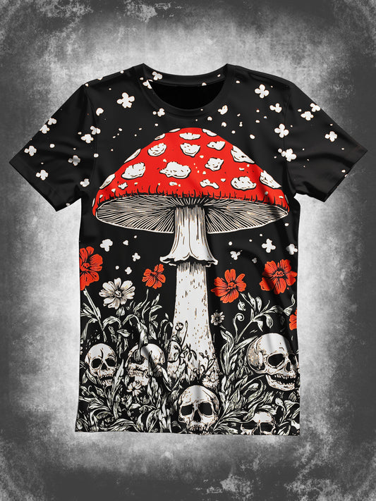 Skull Flower Poisonous Mushroom Art Print Unisex Round Neck Short Sleeve Casual T-Shirt