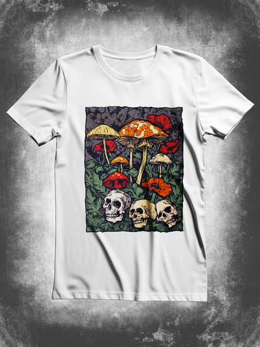 Skull Flower Poisonous Mushroom Art Print Unisex Round Neck Short Sleeve Casual T-Shirt