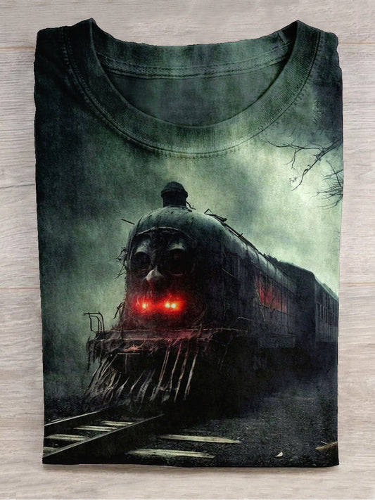 Ghost Steam Train Art Print Unisex Round Neck Short Sleeve Casual T-Shirt