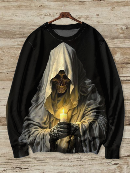 Scythe Death Skull Art Shirt Printed Round Neck Long Sleeve Casual Sweatshirt