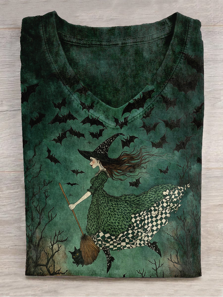 Witch Art Print Unisex V-Neck Short Sleeve Casual T-Shirt