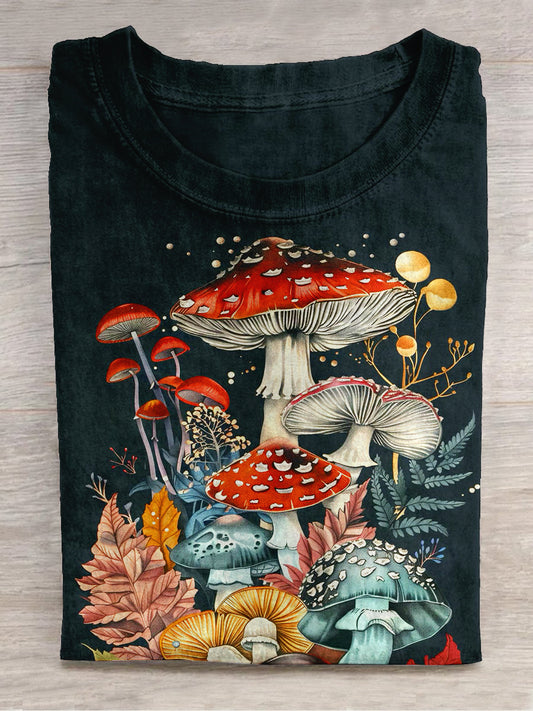 Retro Mushroom Art Print Unisex Round Neck Short Sleeve Casual T-Shirt