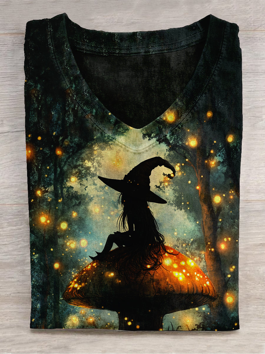 Witch Art Print Unisex V-Neck Short Sleeve Casual T-Shirt