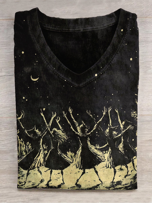 Witch Bonfire Ritual Art Print Unisex V-neck Short Sleeve Casual T-shirt