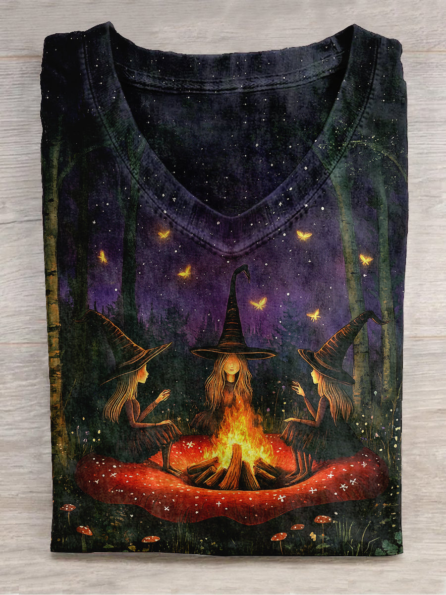 Witch Bonfire Ritual Art Print Unisex V-neck Short Sleeve Casual T-shirt