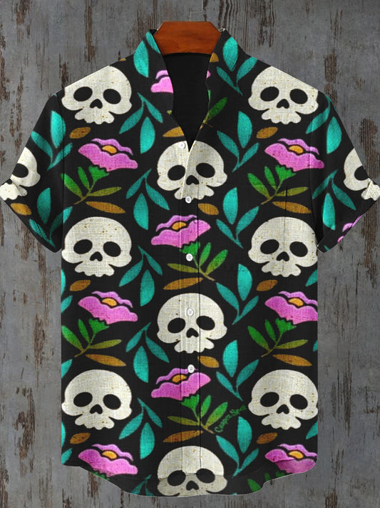 Floral Skull Art Print Casual Men's Shirt