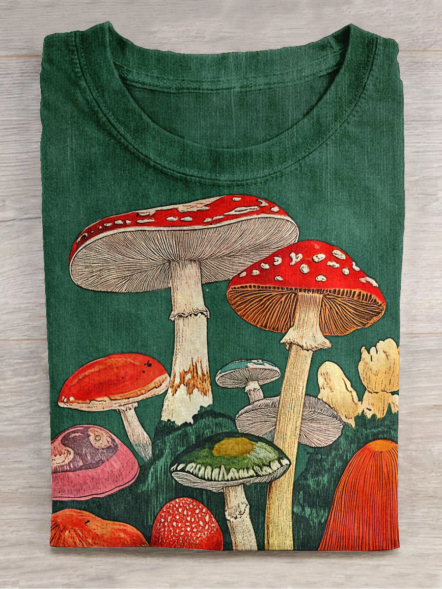 Retro Mushroom Art Print Unisex Round Neck Short Sleeve Casual T-Shirt