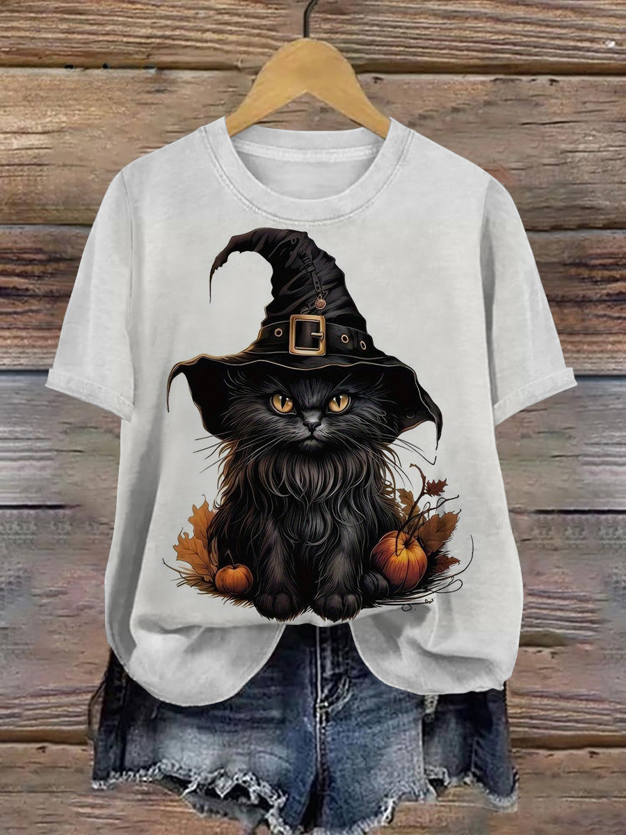 Black Cat Wizard Art Print Unisex Round Neck Short Sleeve Casual T-Shirt