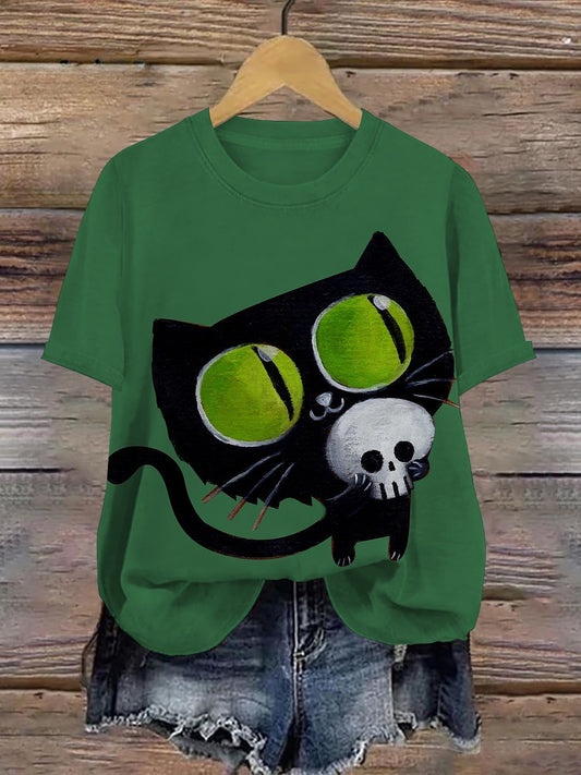 Black Cat Art Print Unisex Crew Neck Short Sleeve Casual T-Shirt