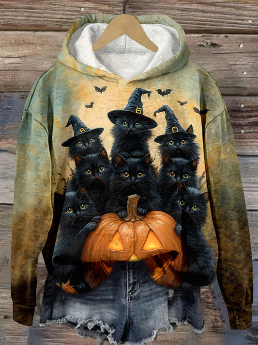 Black Cat Wizard Pumpkin Art Print Unisex Casual Hooded Sweatshirt