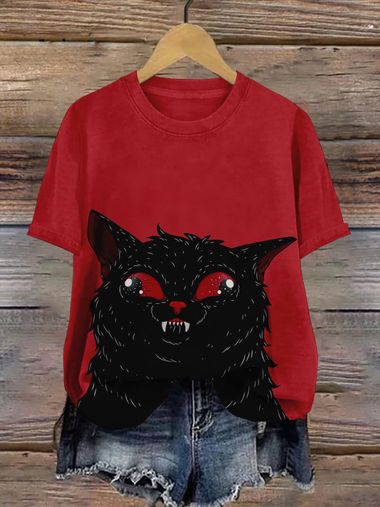 Black Cat Art Print Unisex Crew Neck Short Sleeve Casual T-Shirt